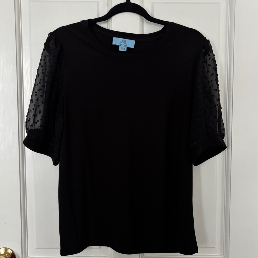 CeCe Black Top with Sheer Dotted Sleeves